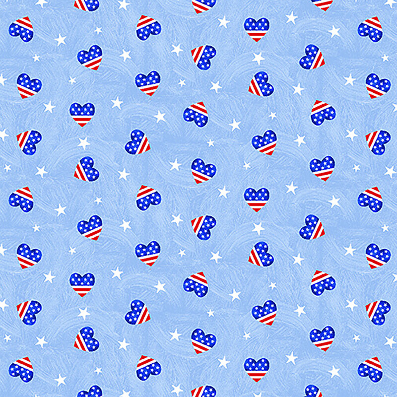 Tossed patriotic hearts and white stars on a light blue textured background