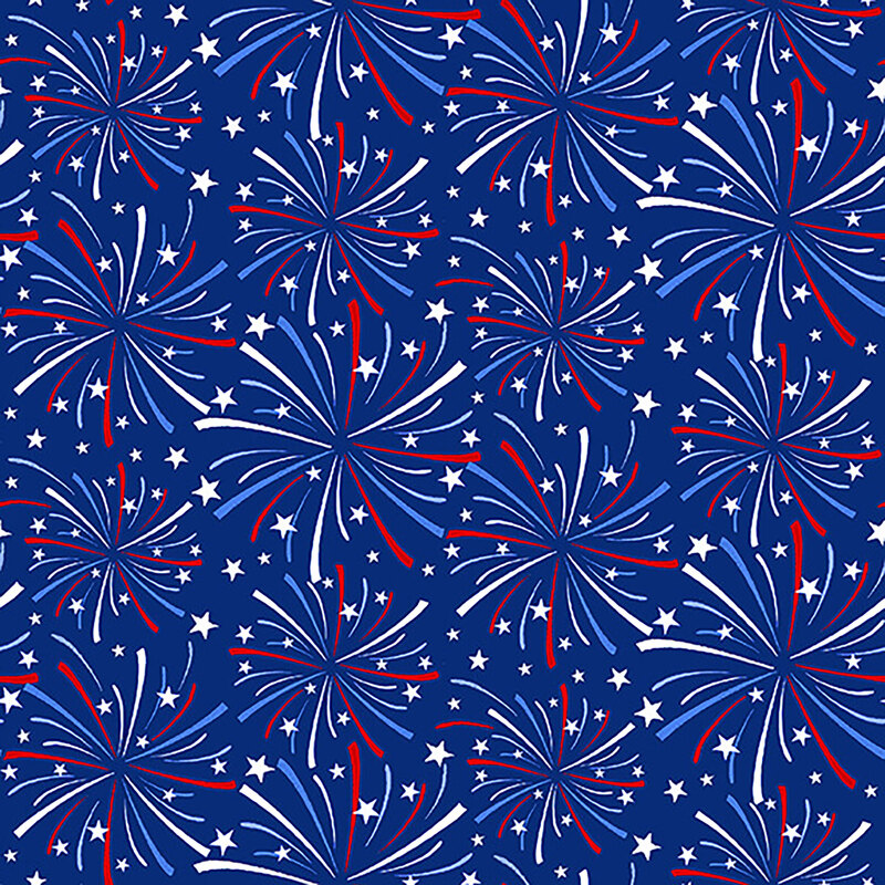 Red, white, and blue fireworks and stars on a blue background