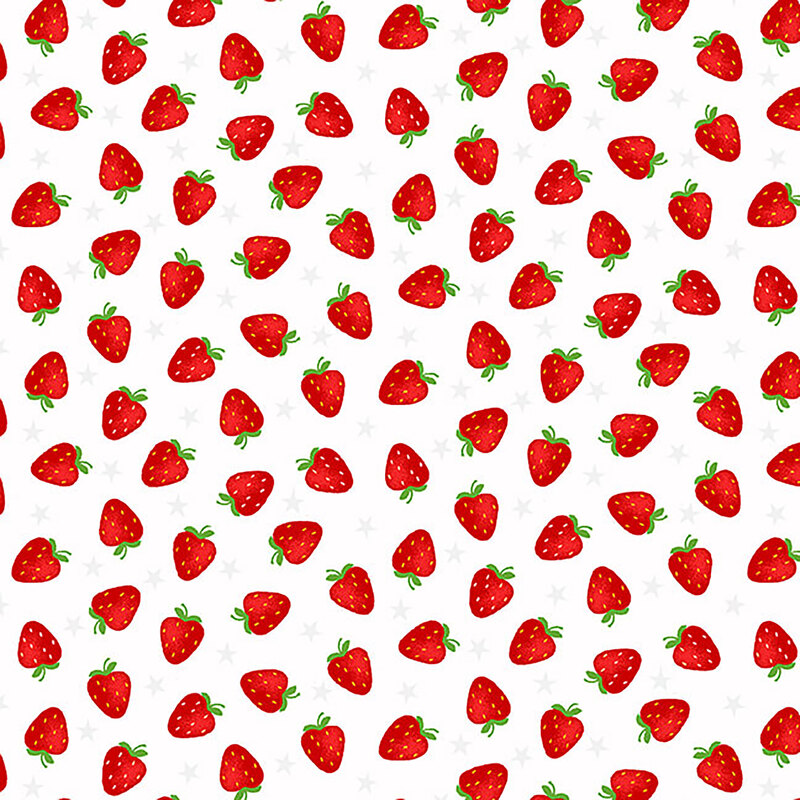 Tossed bright red strawberries and white stars on a white background