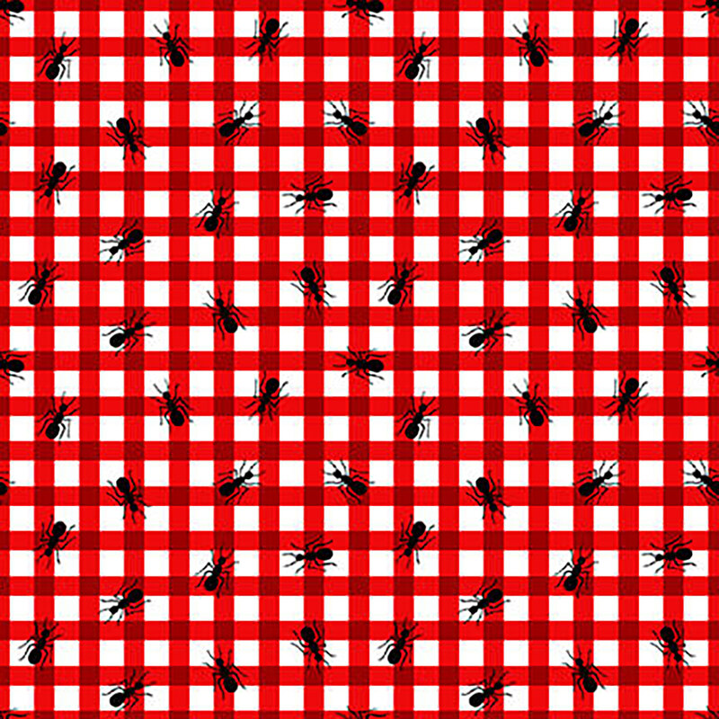 Red and white gingham fabric with ants all over