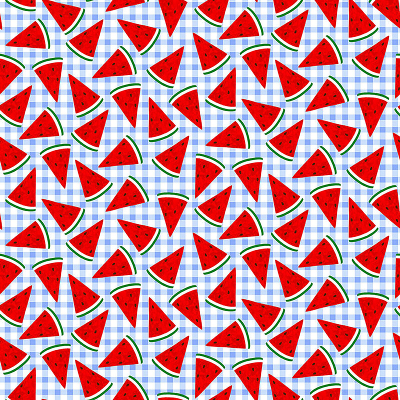 Tossed red watermelon slices on a light blue gingham background