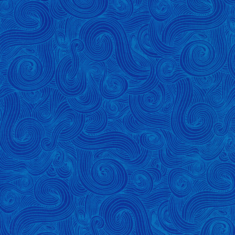 Tonal royal blue fabric with dark swirls on a lighter background 