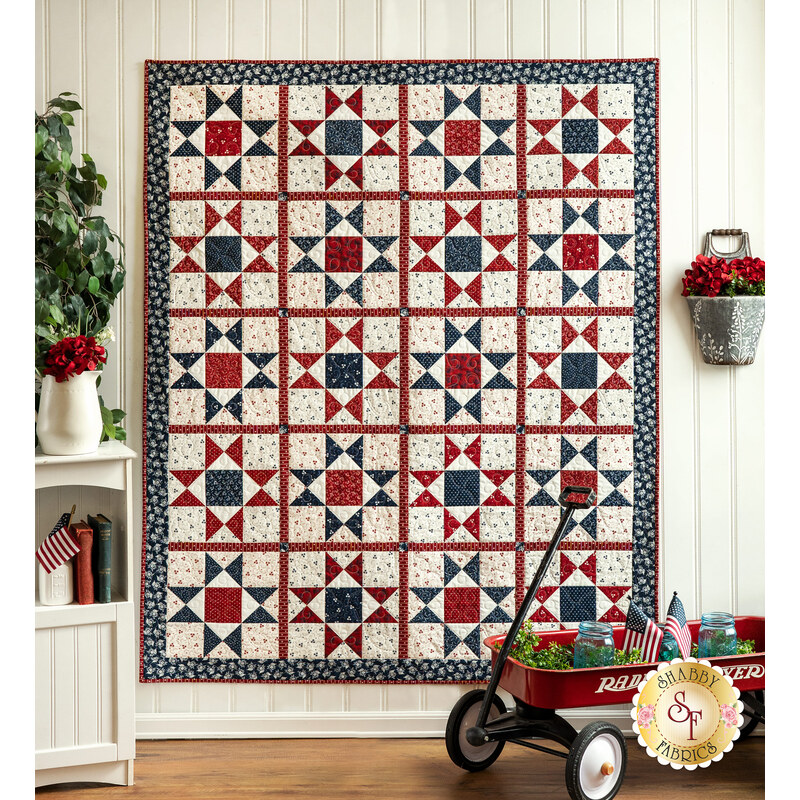 A beautiful red, white, and blue patriotic quilt hung from a wall