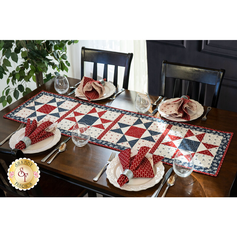 Beautiful Patriotic Table Runner on a wood table.