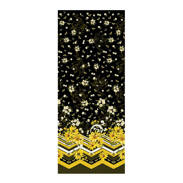 Ombre fabric transitioning from a yellow geometric side with flowers, to a tossed floral side on a black background