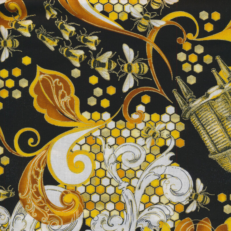 Ornamental scrolls, bumblebees, and hexagon patterns on a black background