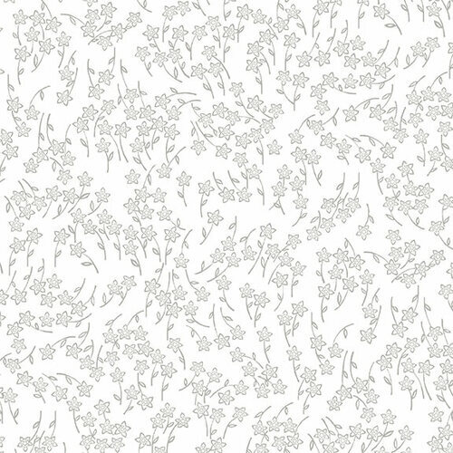 White fabric with small gray flowers tossed all over