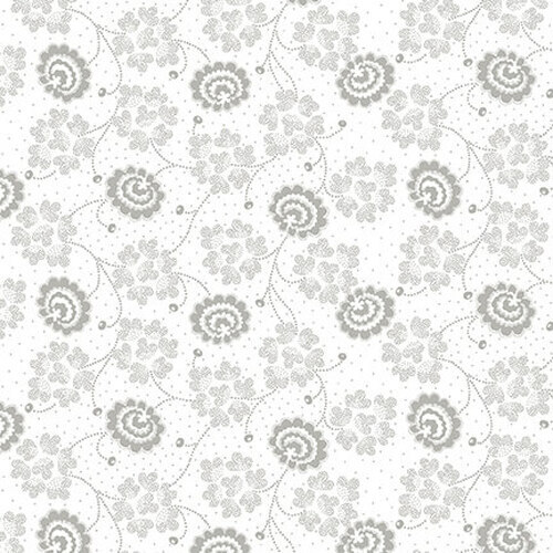 White fabric with light gray floral bunches and pin dots all over