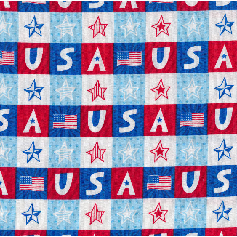 Checkered fabric with red white and blue stars, flags, and USA lettering
