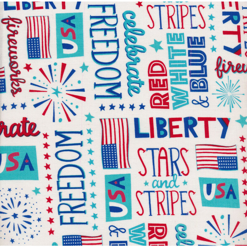 White fabric with American flag designs, star designs, and patriotic words