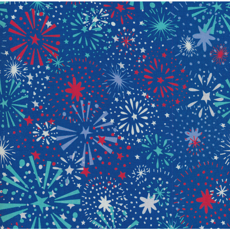 Blue fabric with red, blue and teal star burst designs