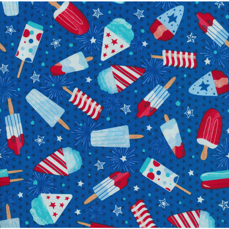 Blue fabric with red, blue, and teal popsicles, stars, and polka dots