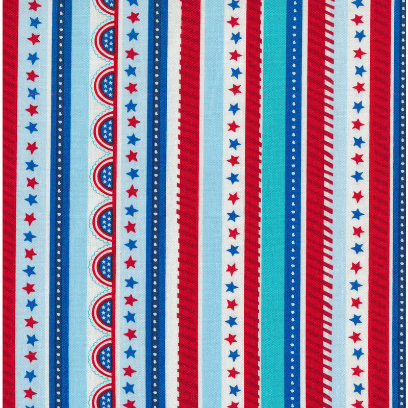 Red blue and teal striped fabric with stars dots and dashes