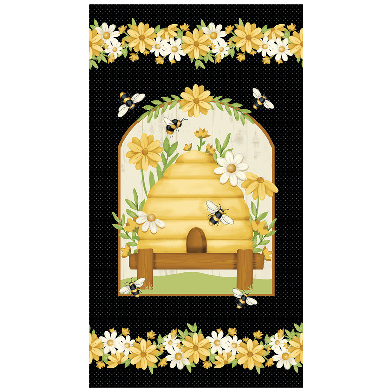 A beehive fabric panel featuring a large beehive with buzzing bees and floral accent stripes on black