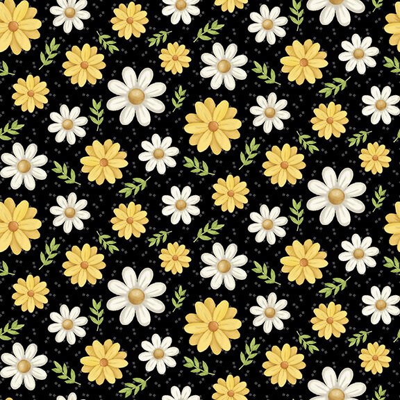 Lovely white and yellow flowers and tossed green sprigs on a black background