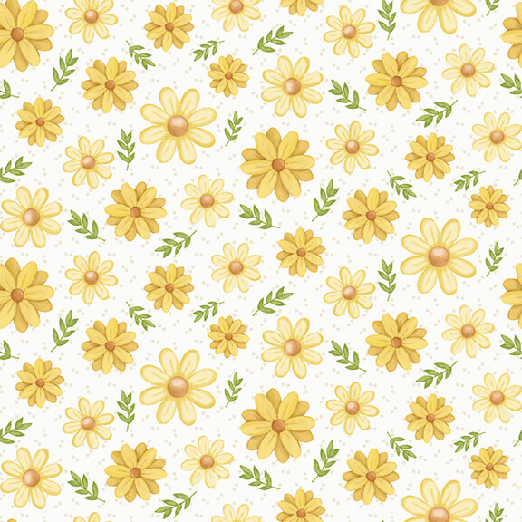 Lovely yellow flowers and tossed green sprigs on a white background