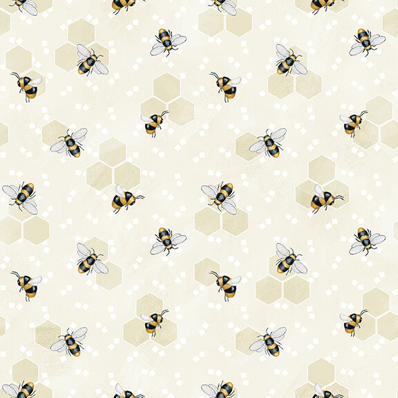 Buzzing bumblebees on a cream polka dot and hexagon patterned background
