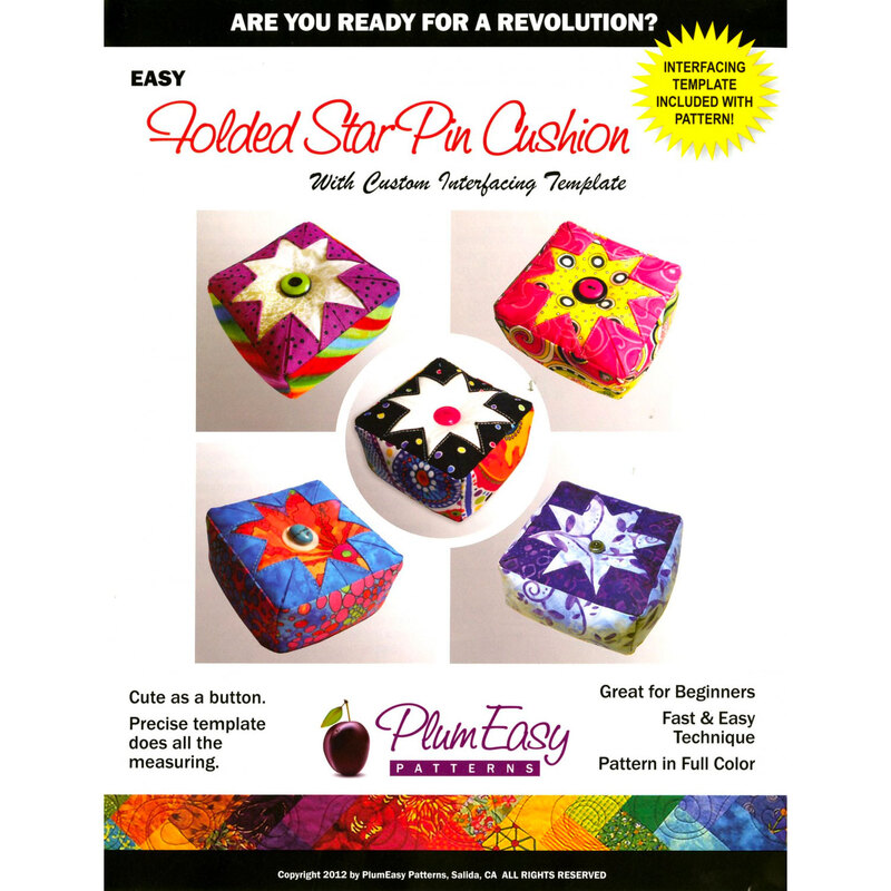 The front cover of the Folded Star Pin Cushion Pattern showing five finished pin cushions.