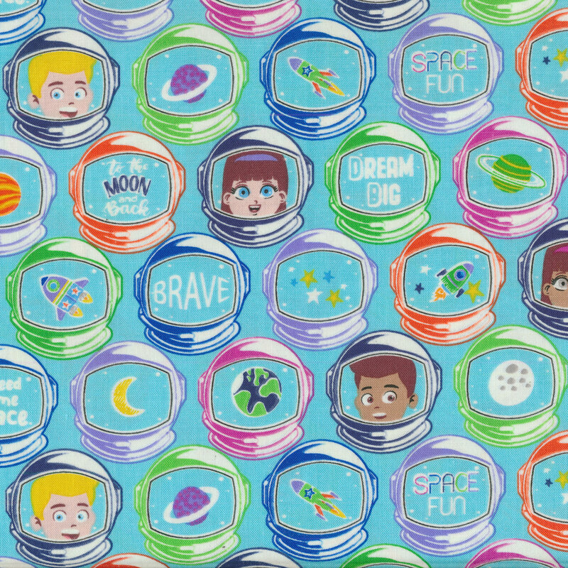 helmets, phrases and stars on a turquoise fabric background