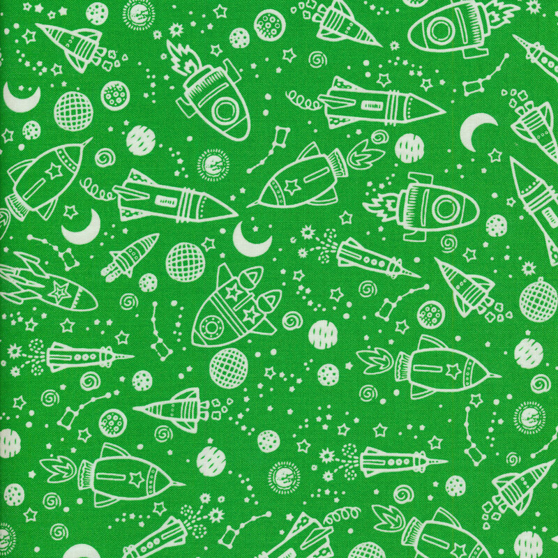 constellations, spaceships and moons on a green fabric background