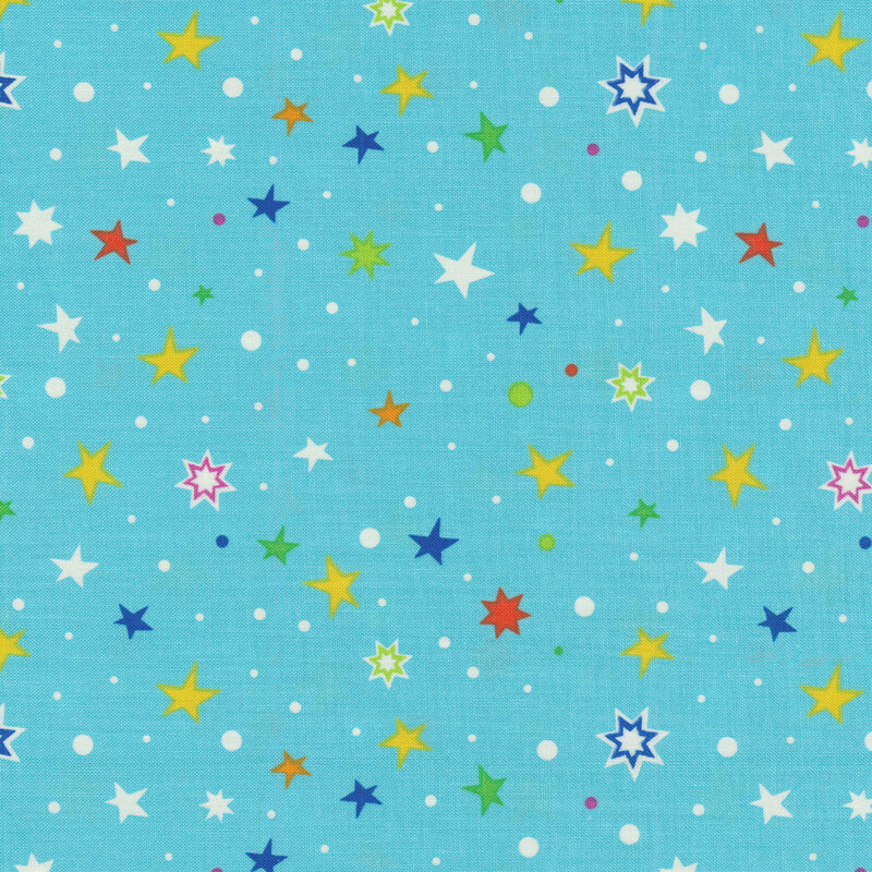 multicolored stars all over a turquoise fabric background