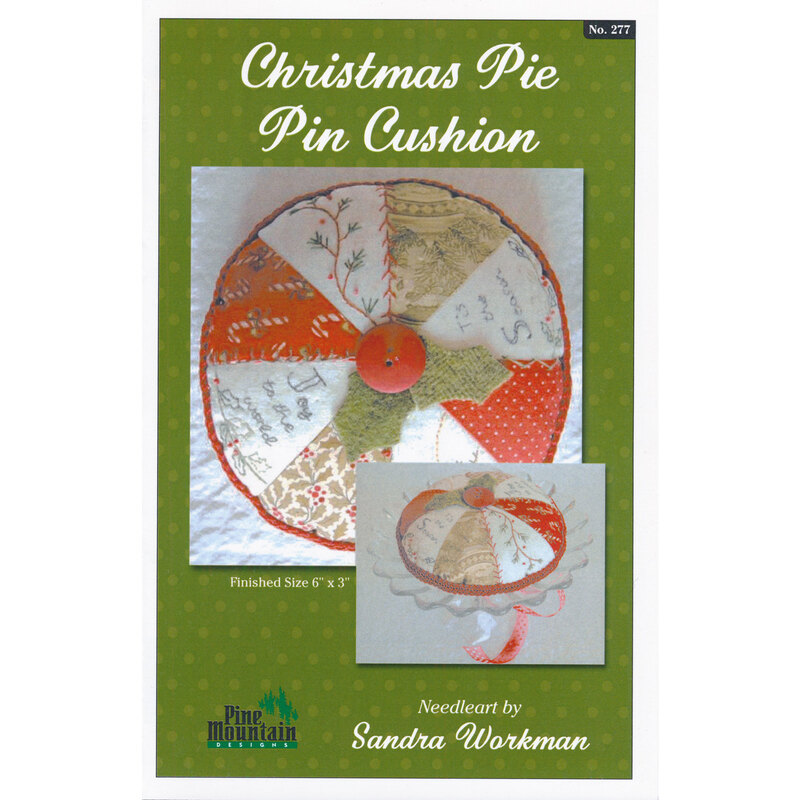 The front of the Christmas Pie Pin Cushion Pattern showing the finished pincushion in christmas fabrics.