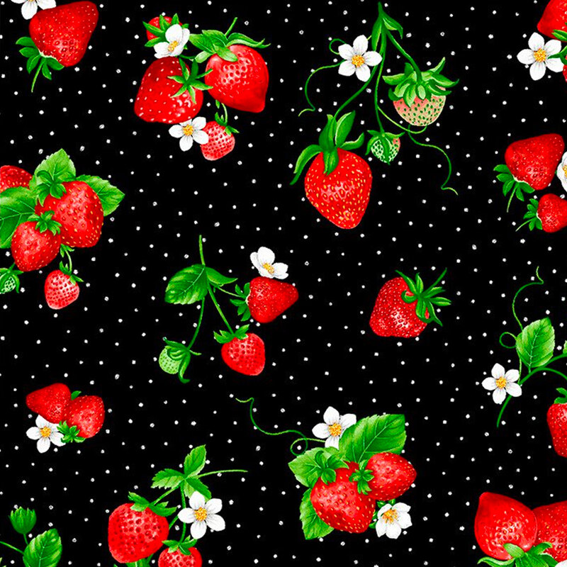 Bright red strawberries and white polka dots on a black background