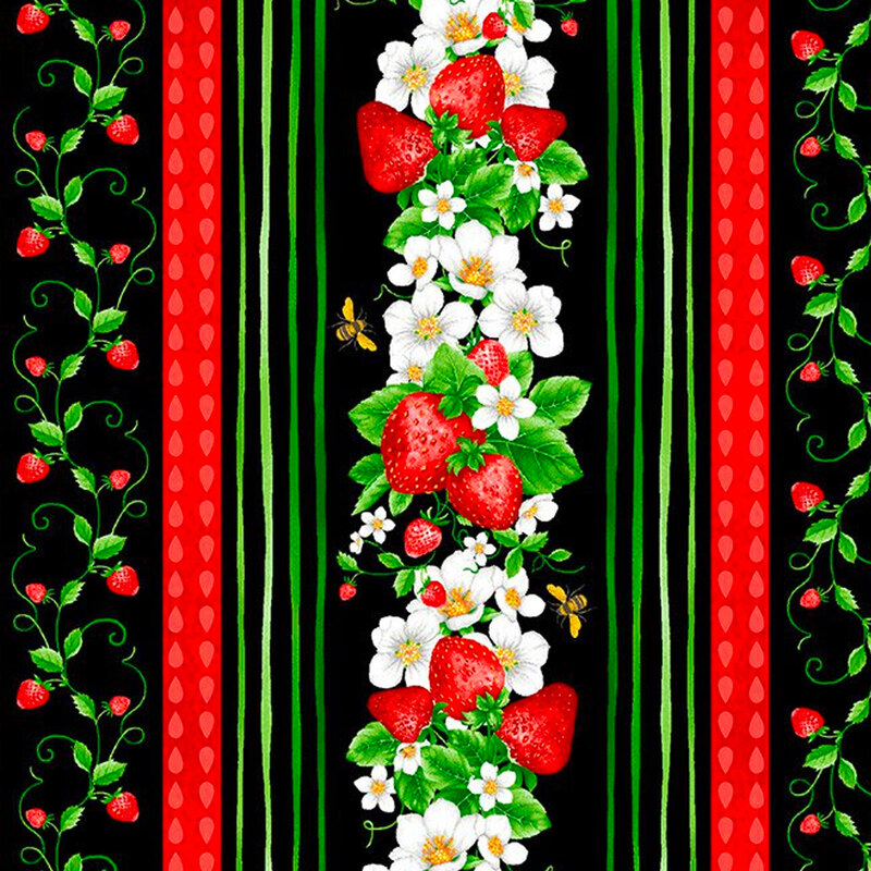 Red and white stripes with rows of strawberries and vines on a black background