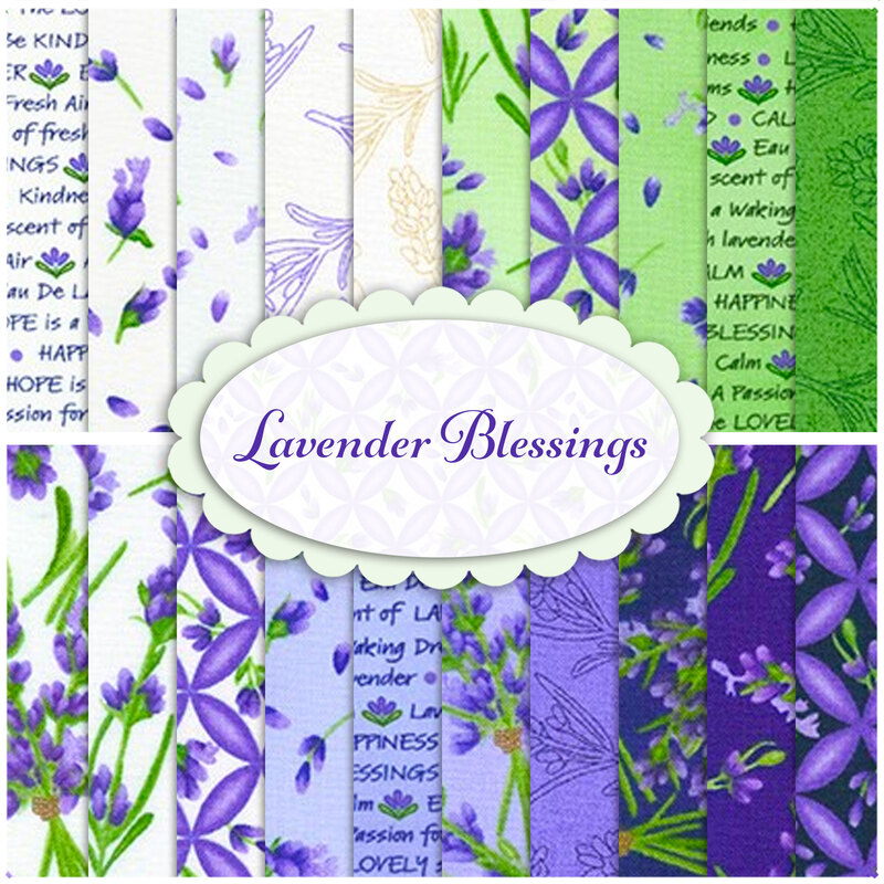 A collage of fabrics included in the Lavender Blessings collection