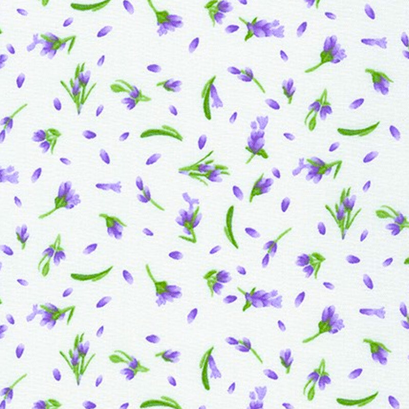 Small purple florals tossed on a white background