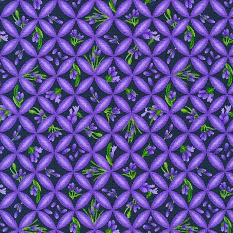 Purple cathedral window patterns with lavender flowers on a dark purple background