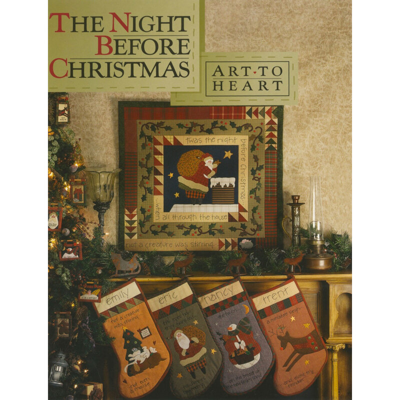 The Night Before Christmas Book cover featuring a Santa wall hanging and four stockings with various Christmas characters.