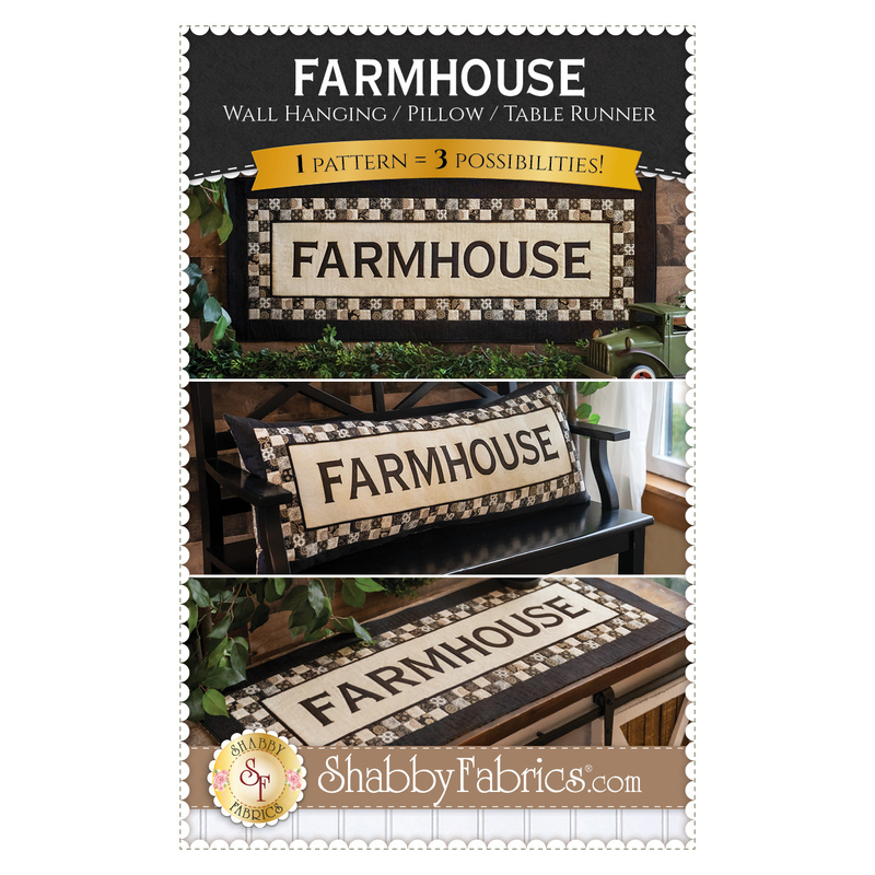 The front of the Farmhouse Wall Hanging, Pillow, or Table Runner Pattern showing the finished projects all three ways.