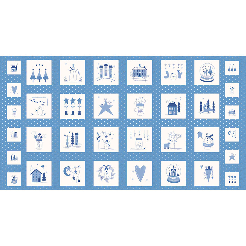 A sewing panel featuring a variety of blocks, each with a fun little winter scene, on a blue background