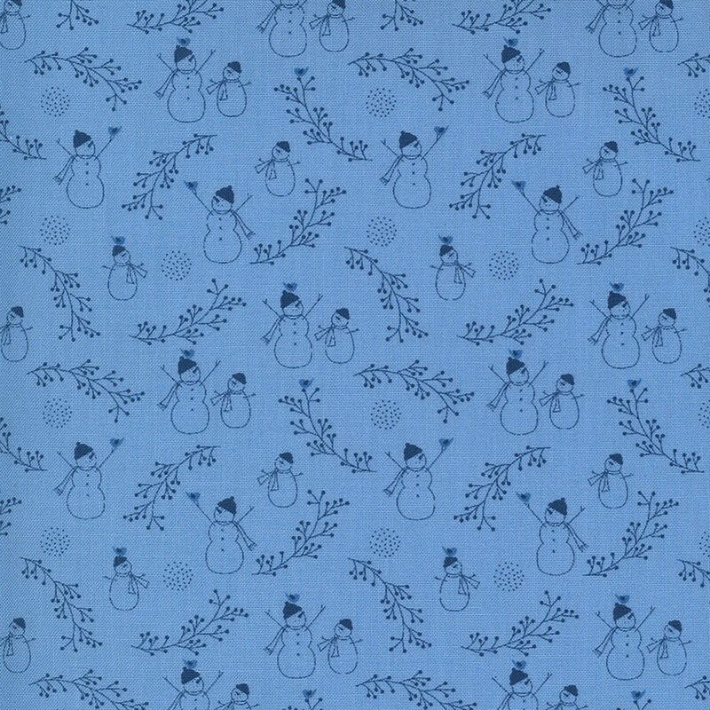 Tonal dark blue snowmen and leaves on a blue background