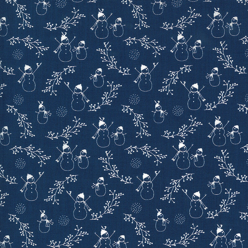 White outlines of snowmen and sprigs on a dark blue background