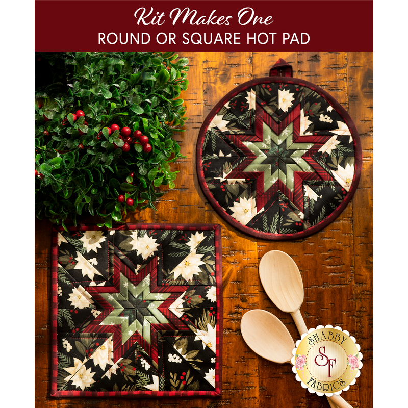 A square and round hot pad made with Farmhouse Christmas fabrics on a wood table