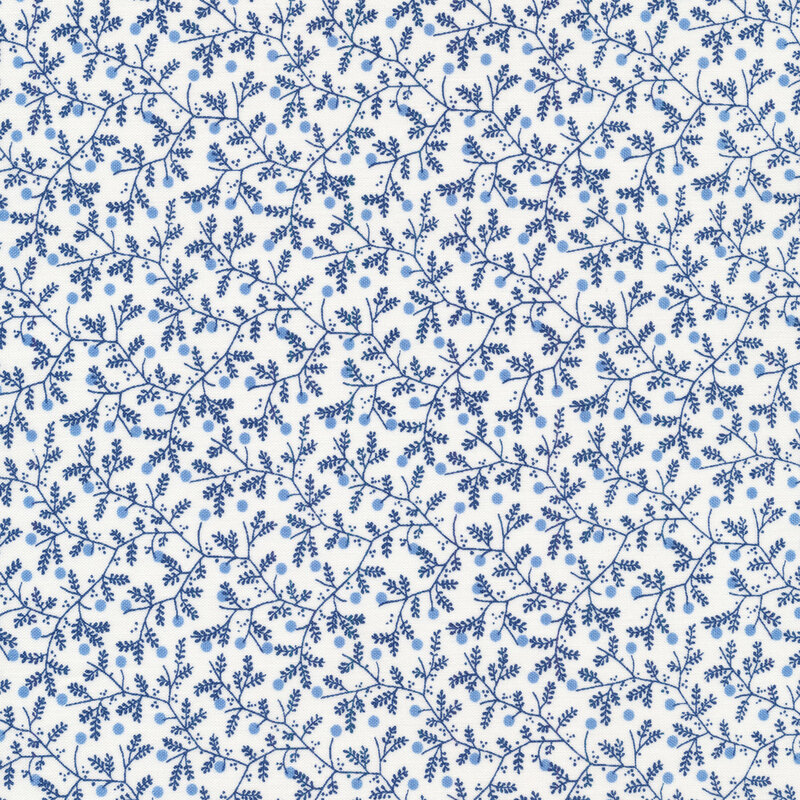 Blue sprigs all over a white background