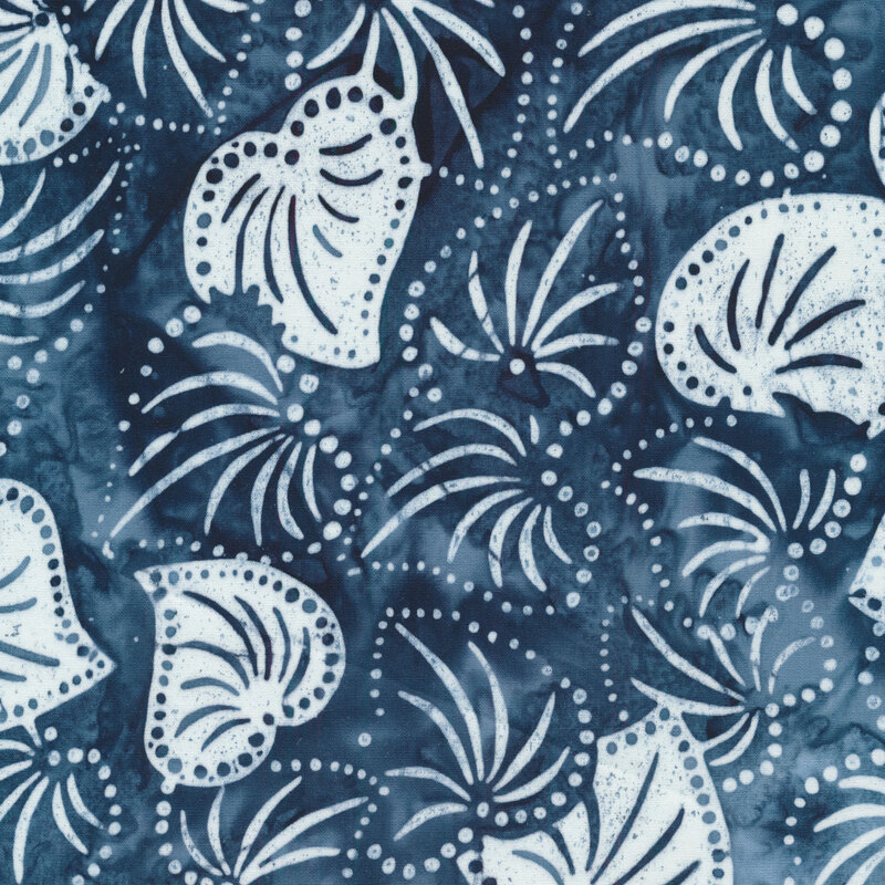 White leaves and dots on a blue marbled background