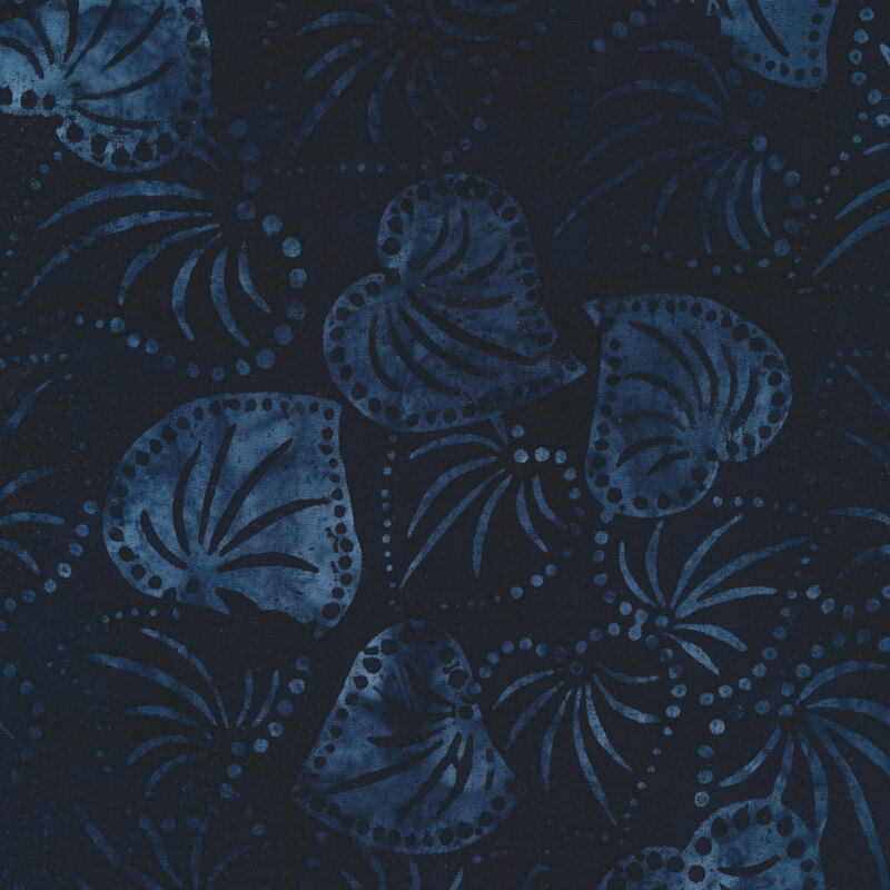 Dark blue leaves and dots on a dark mottled background