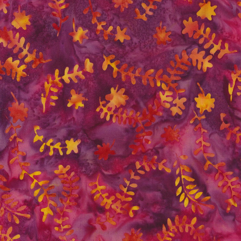 Orange and yellow mottled leaves and vines on a purple marbled background