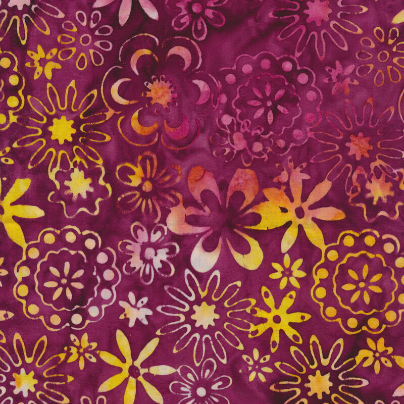 Bright orange and yellow flowers on a mottled purple background