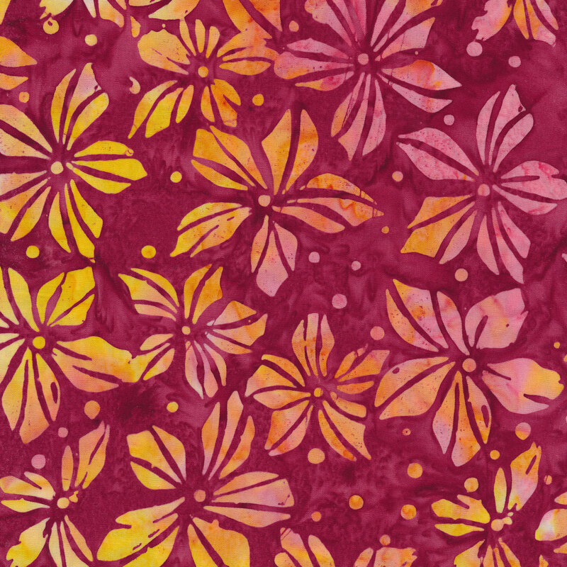 Bright orange and yellow florals on a marbled purple batik background