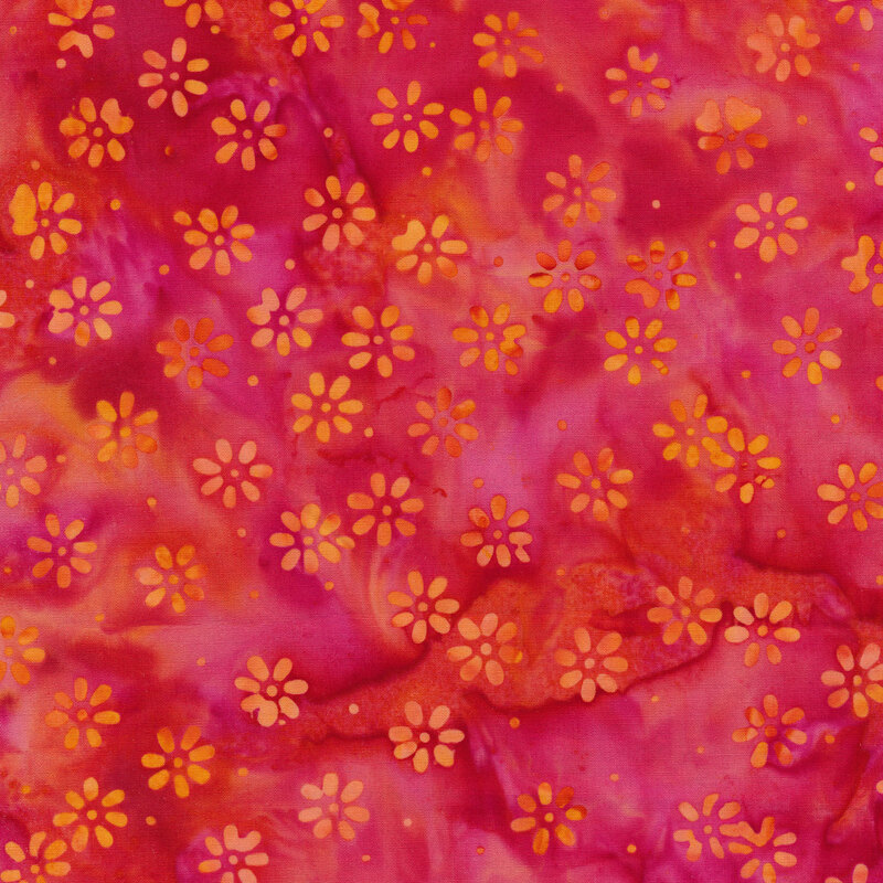 Bright yellow flowers on a purple and orange marbled background