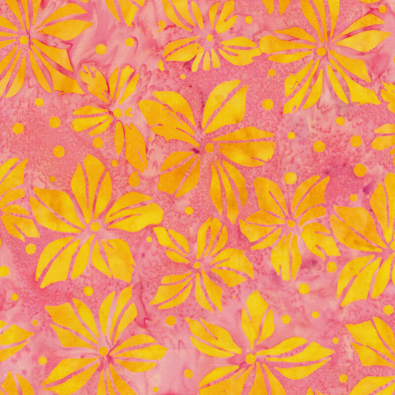 Bright yellow flowers and polka dots on a pink marbled background