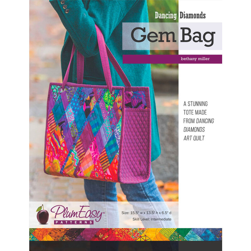 The front cover of the Dancing Diamonds Gem Bag Pattern showing the finished bag.