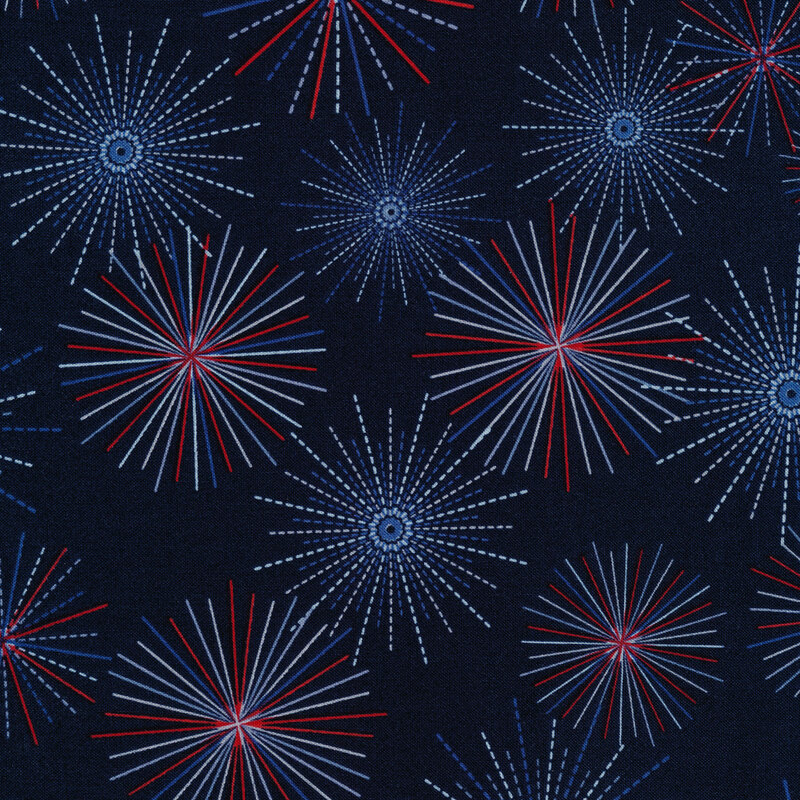 Red white and blue firework designs on a navy background
