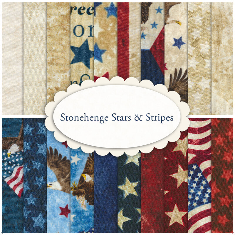 A collage of fabrics included in the Stonehenge Stars & Stripes FQ Set