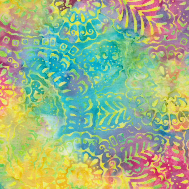 Mottled batik fabric with multi colored floral outlines on a multi colored background