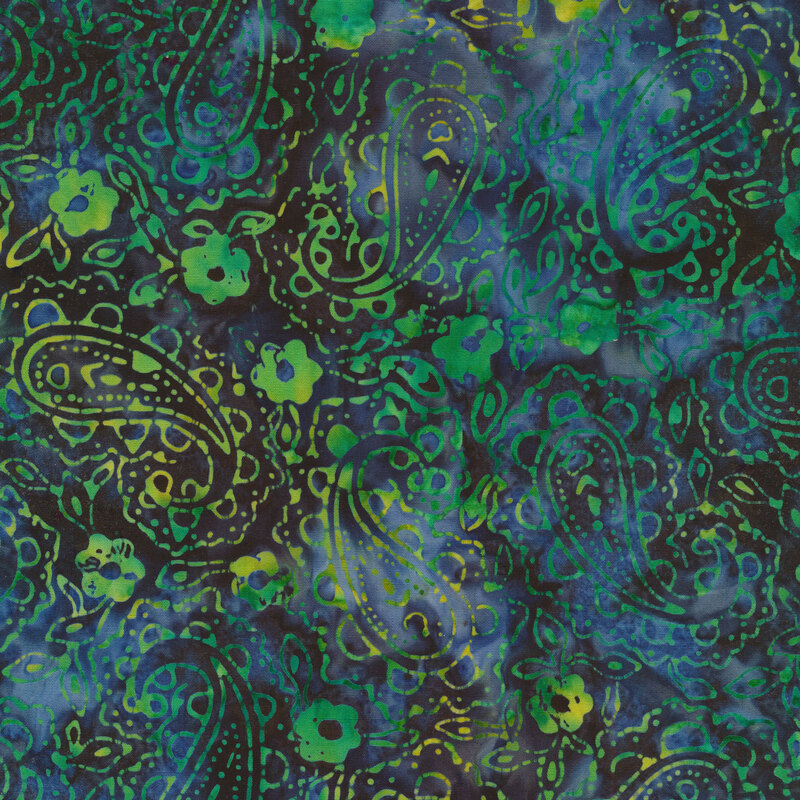 Green and blue paisley and floral outlines on a blue mottled background
